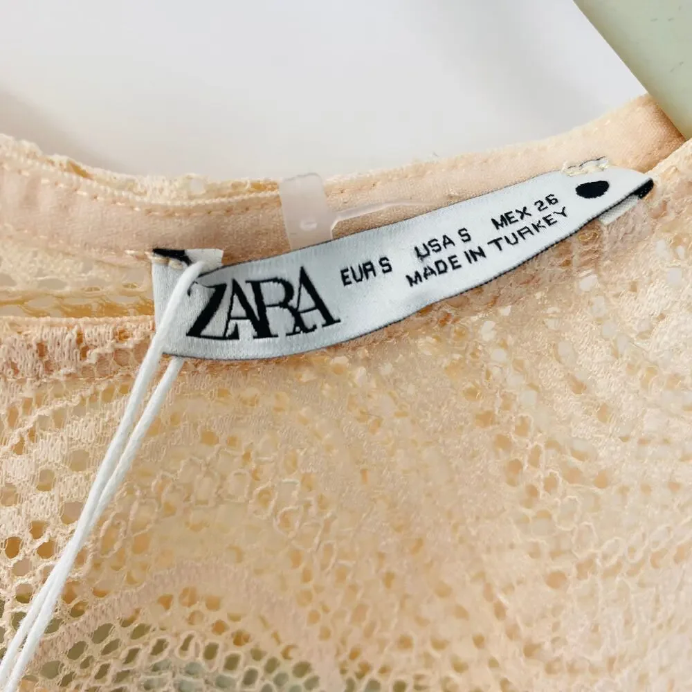 NEW Zara Beige Wavy Lace Scallop Hem Sheer Knit Long Sleeve Crop Top Small Y2K